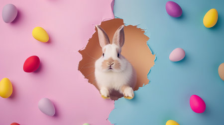 Easter background with Easter eggs and rabbit peeking out of paper holeの素材