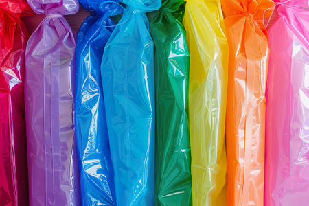 Colored plastic bags highlighting waste issues. Environmental Concern Conceptの素材