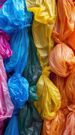 Colored plastic bags highlighting waste issues. Environmental Concern Conceptの素材