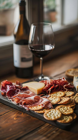 Elegant appetizer selection with wine, prosciutto, and cheeseの素材