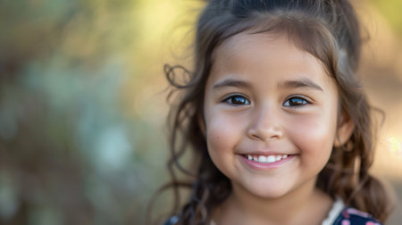 Young Hispanic girl close up portrait, outdoors, copy spaceの素材