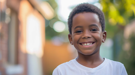 Young African American boy close up portrait, outdoors, copy spaceの素材