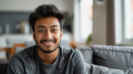 Indian man sitting indoors at home on couchの素材