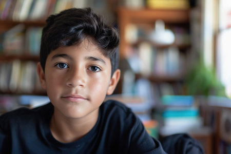 Hispanic 8 year old boy doing homework at homeの素材