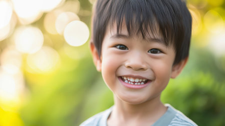 Young Asian boy close up portrait, outdoors, copy spaceの素材