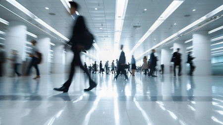 Motion blurred figures of business professionals in a modern lobbyの素材