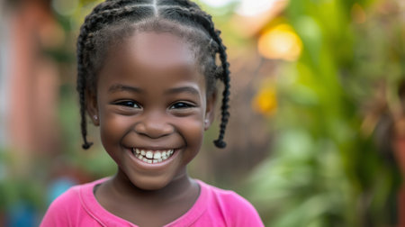 Young African American girl close up portrait, outdoors, copy spaceの素材