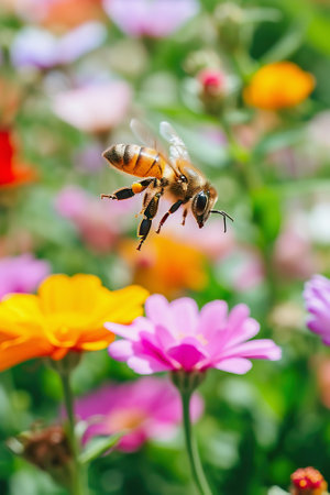 Bee flying over flowers in meadow. Honeybee in apiaryの素材