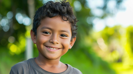 Young Hispanic boy close up portrait, outdoors, copy spaceの素材