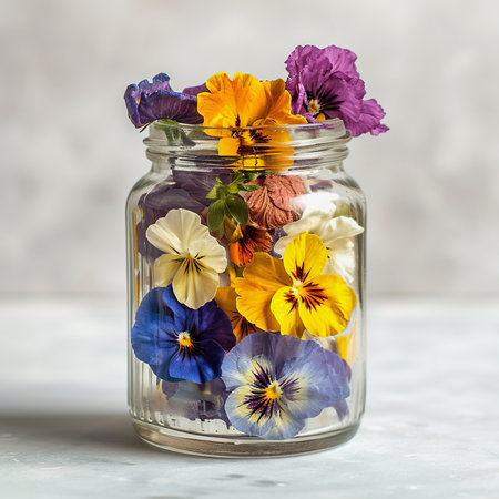Edible flowers. Colorful dried pansies in glass jarの素材