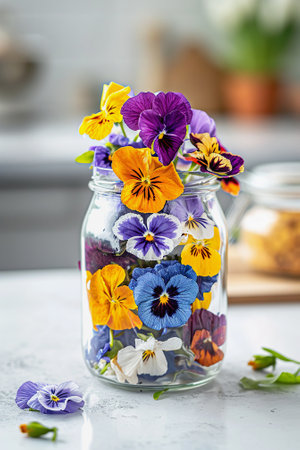 Edible flowers. Colorful dried pansies in glass jar in kitchenの素材