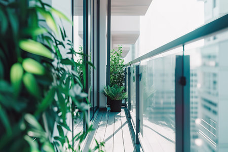 Close-up view of a balcony with green plants and glass panelsの素材