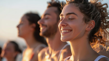Young adults in serene meditation during a yoga sessionの素材