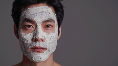 Young Asian man with rejuvenating facial clay mask on his face, studio background, copy spaceの素材