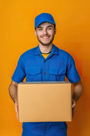 Happy delivery man holding a package, studio yellow backgroundの素材