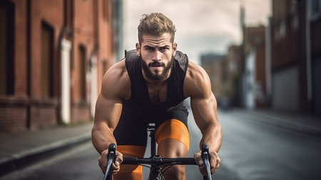 Muscular male cyclist enjoying outdoor workout on city streetsの素材