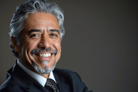 Confident Hispanic Businessman Smiling Against Gray Backdrop, copy spaceの素材