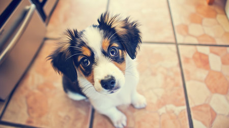 Adorable tricolor puppy looks up with curious eyesの素材