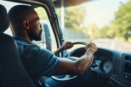 African American man focused on the road while driving his vehicleの素材