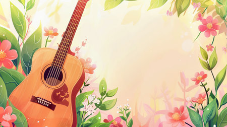 Acoustic guitar resting in field of flowers. Background with copy spaceの素材