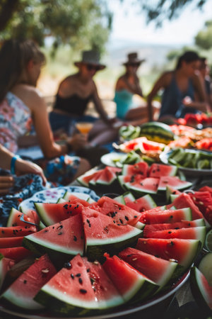 Group of friends enjoying a summer picnic with fresh watermelon by a lakeの素材