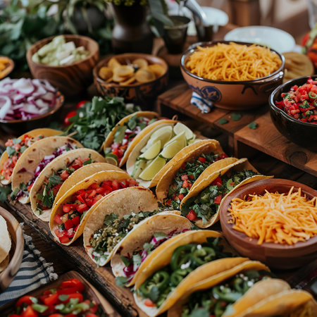 Variety of tacos with fresh toppings and bowls on a wooden tableの素材
