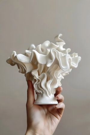A hand holding a sculptural white vase with wave-like texturesの素材