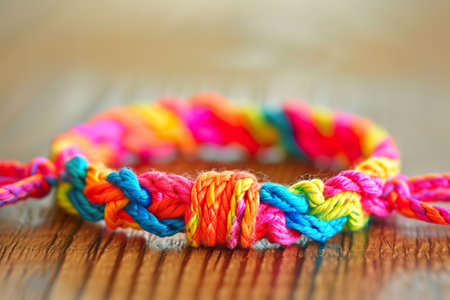 Vibrant handmade friendship bracelet on a wooden surfaceの素材