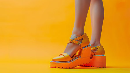 Stylish woman wearing high platform sandals on a vivid yellow backgroundの素材