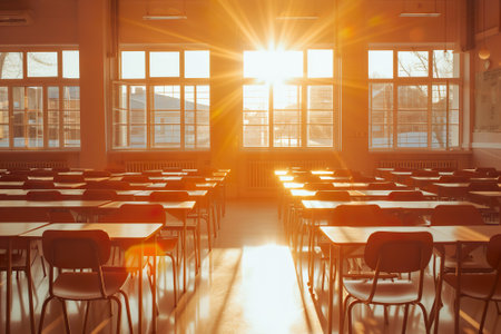 Sunset streaming through windows in an empty classroom with aligned desksの素材