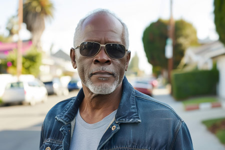 Portrait of a stylish senior black man outdoors in suburbの素材