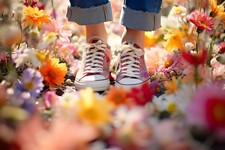 A womans feet adorned with sneakers walking amidst colorful flowersの素材