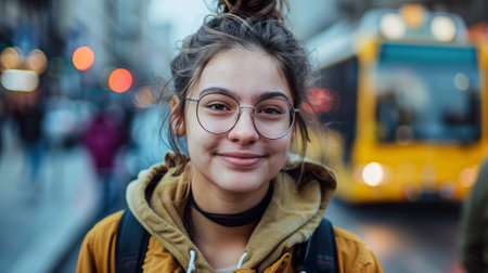 Gen Z woman with glasses smiles in urban setting with blurred city backgroundの素材