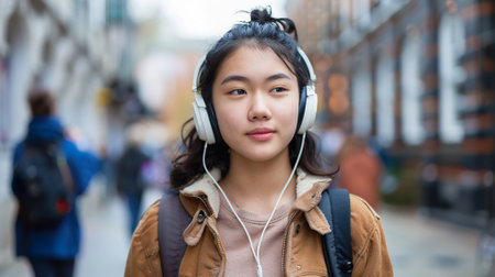 Asian female student with headphones enjoying music while walkingの素材