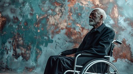 Elderly African American man sits in wheelchair against textured backdropの素材