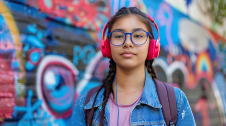 Hispanic female teen enjoying music outdoors with colorful backdropの素材