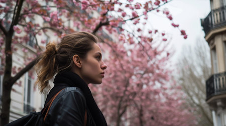Young woman in a leather jacket enjoying cherry blossoms in Parisの素材