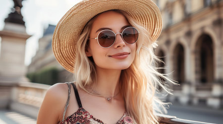 Young woman with sunglasses and straw hat in Parisの素材