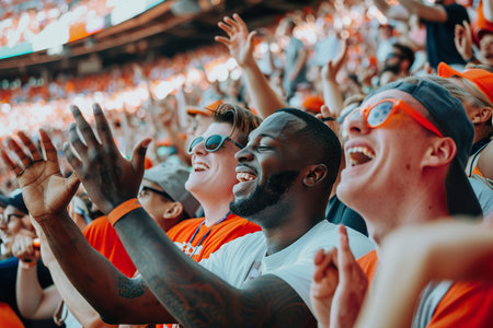 Multiracial group of fans cheering loudly at an outdoor sports eventの素材