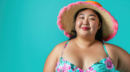 Confident plus size Asian woman in floral swimwear and straw hatの素材