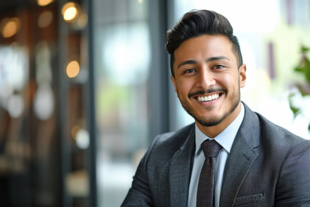 Happy Arab man in a suit smiling confidently indoorsの素材