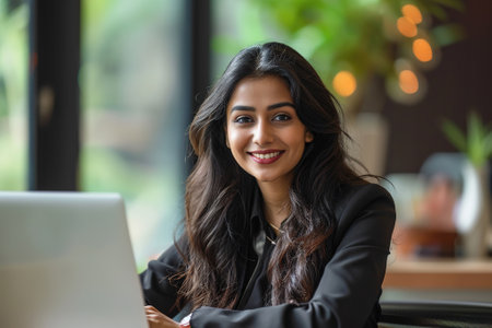 Young Indian woman smiling while using a laptop in a cafeの素材