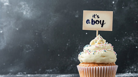 Cupcake with Its a BOY celebration sign and colorful sprinklesの素材