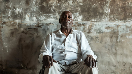 An elderly African American man sitting confidently in a wheelchair, rustic wallの素材