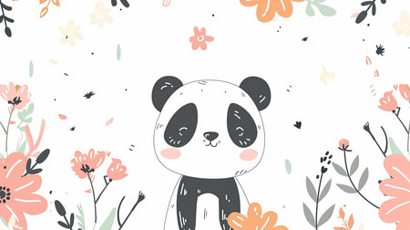 Cute cartoon panda in a Colorful Floral Meadow Illustrationの素材