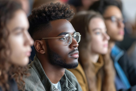 Young black man in glasses listening intently in a groupの素材