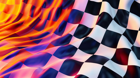 A vibrant artwork featuring a wonky checkerboard pattern with fluid, dynamic waves in bold colorsの素材