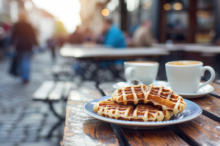 A plate of Belgian waffles served with coffee at a street cafe with blurred people in backgroundの素材