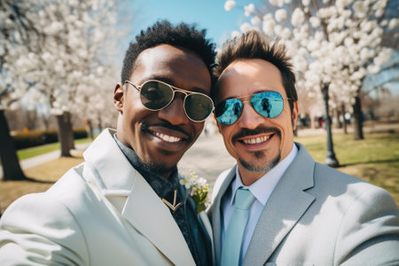Joyful gay couple in sunglasses celebrating sunny spring day amid blooming treesの素材