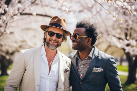 LGBTQ couple in stylish attire walking under blooming cherry blossom trees in springtimeの素材